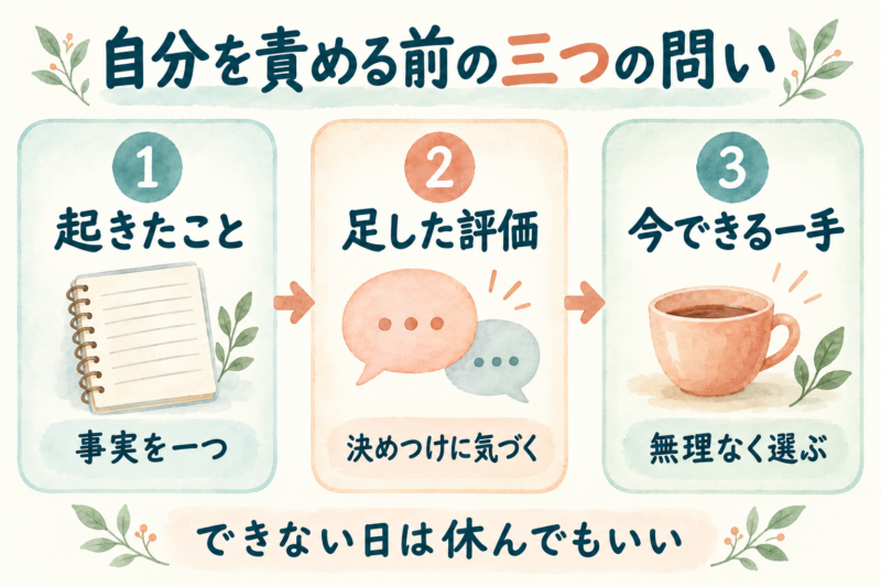 起きたことを確認し足した評価に気づいて今できる一手を選ぶ三つの問い