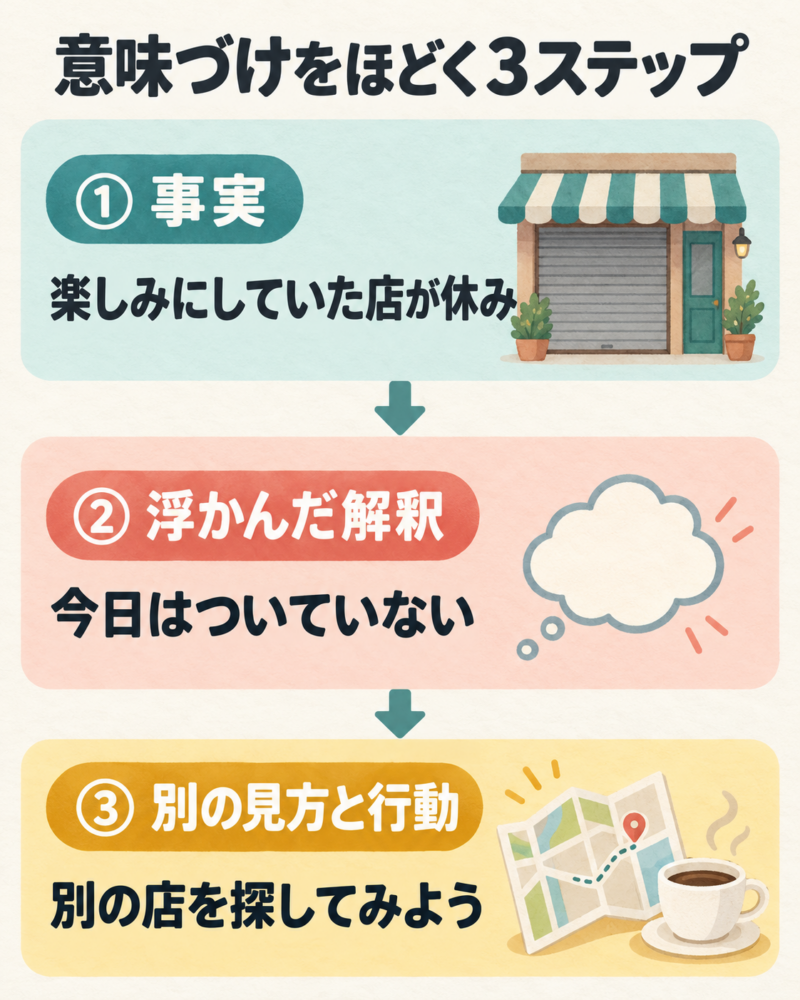 意味づけをほどく三つのステップ。事実は楽しみにしていた店が休み、浮かんだ解釈は今日はついていない、別の見方と行動は別の店を探してみよう。